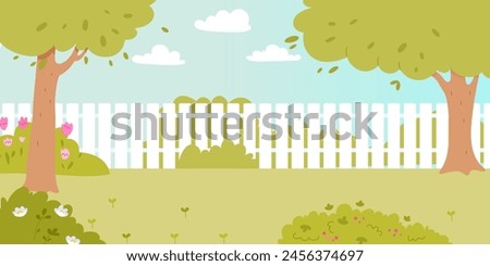 Garden backyard cartoon vector illustration. House yard with fence, green grass lawn, trees, flowers and bushes. Outdoor patio for BBQ parties. Summer and spring landscape.