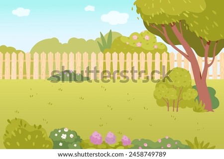 Garden backyard cartoon vector illustration. House yard with fence, green grass lawn, trees, flowers and bushes. Outdoor patio for BBQ parties. Summer and spring landscape.