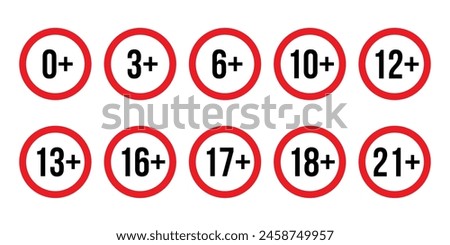 Age restriction signs set vector illustration. Red circle line isolated badge of different age limit collection, prohibition for restricted information for child and verification warning symbol