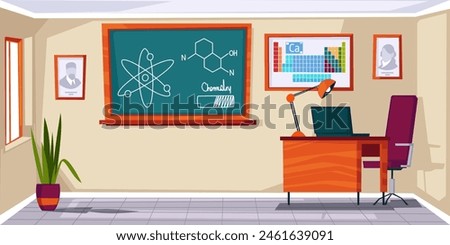 Chemistry classroom school interior background. Lab experiment equipment. Science class with green blackboard, desk, laboratory experiment equipment. Cartoon vector illustration.