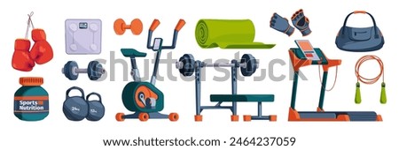 Gym equipment for workout set. Training accessories for sport club or home exercises. Treadmill, bike, dumbbells, bench with barbell, jump rope, mat, bag, scale, gloves. Isolated vector illustration.