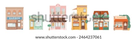 City shopping building illustrations set. Exterior facades and storefronts of pharmacy, barber shop, boutique, restaurant, cafe, bakery, flowers. Small business entity. Shopping commerce trade.