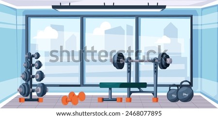 Fitness gym interior background. Gymnasium room with sport equipment for workout cartoon vector illustration. Treadmill, dumbbells, bench with barbell in empty sport club. Bodybuilding, weightlifting.