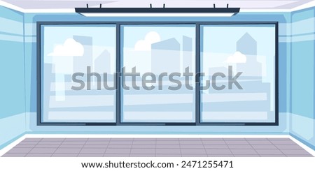 Empty office interior with panoramic window and city views. Empty modern open space. Studio for rental. Real estate agency. Cartoon vector illustration.