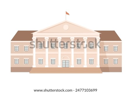 Building of government, court house, university, museum vector illustration. Front view of entrance in public building with high columns, staircase and flag. Urban infrastructure infographics.