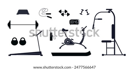 Gym equipment for workout set. Training accessories for sport club or home exercises. Treadmill, bike, dumbbells, barbell, jump rope, mat, ball icons. Isolated vector illustration.