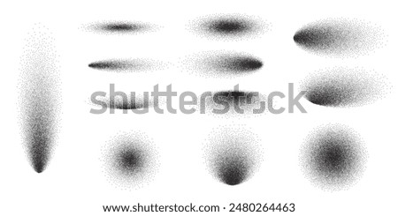 Dot grain noise gradient pattern shape set. Abstract oval and round elements with shadow spray sand effect. Vector illustration isolated on white background.