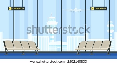 Airport terminal waiting room with chairs. Wait hall interior cartoon vector illustration. Monitors with timetable, arrival schedule. Airline industry. International travel, tourism, transportation.