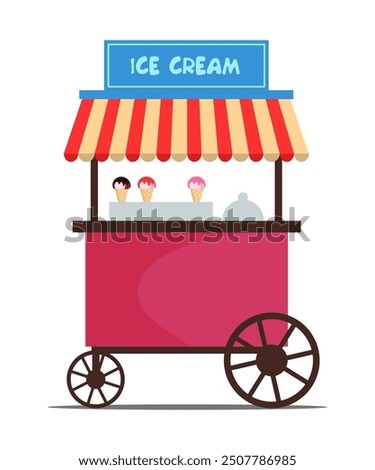 Ice cream cart. Ice cream sale stand flat vector illustration. Sweet summer refreshment dessert kiosk. Outdoor fair market with sweet street food.