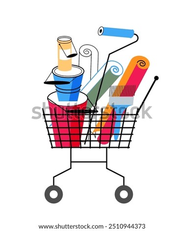 Shopping cart in hardware store. Shop trolley with bucket of paint and plaster, trowel, roller and other tools. Construction store basket emblem. Flat vector illustration isolated on transparent.