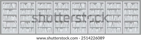 Library bookcases background. Interior of bookshop with bookshelves. Reading room in school, university, college. Modern cartoon vector illustration.