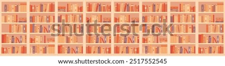 Library bookcases background. Interior of bookshop with bookshelves. Reading room in school, university, college. Colorful retro vintage cartoon vector illustration.