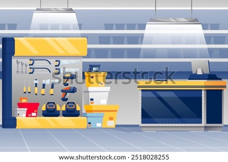 Hardware shop interior background. Store with counter, stands with paint, toolkits, saws, hammers, screwdrivers vector illustration. Tools and materials assortment for renovation.