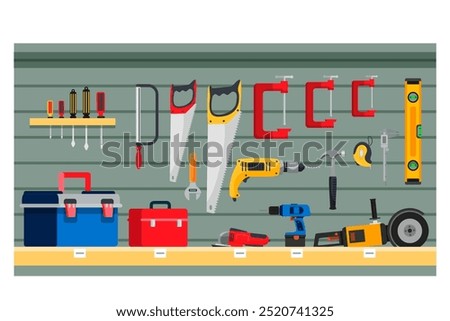 Hardware shop interior design display elements. Stand with toolkits, saws, hammers, screwdrivers, boxes vector illustration. Tools and materials assortment for renovation.