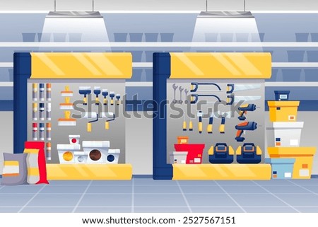 Hardware shop interior background. Store with stands with paint, toolkits, saws, hammers, screwdrivers vector illustration. Tools and materials assortment for renovation.