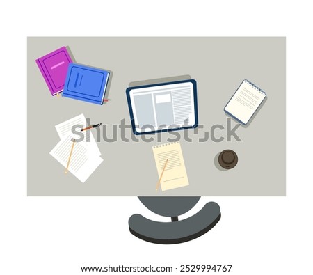 Top view of workspace with tablet, notes, coffee. View above of desktop with documents, notebook and chair. Study place in school, university, library, home. Flat vector of working place in office.