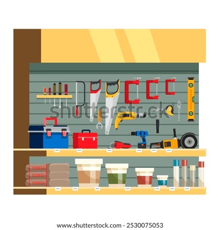 Hardware shop interior design display elements. Stand with toolkits, saws, hammers, screwdrivers, boxes vector illustration. Tools and materials assortment for renovation.