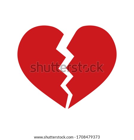 Red heartbreak or broken heart or divorce flat vector icon isolated on white background.