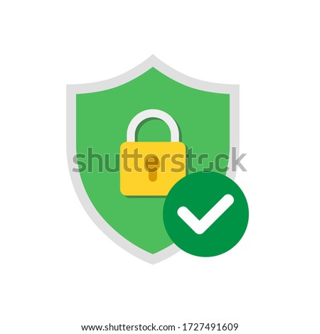 Vector green shield with padlock icon and check mark design isolated on white background.
