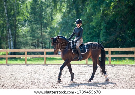 Training process. Young teenage girl riding bay trotting horse on sandy arena practicing at equestrian school. Colored outdoors horizontal summertime image with filter