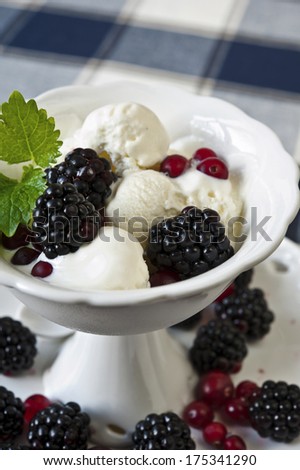 White ice-cream with berries and leaf of mint  in white porcelain bowl on checkered tablecloth, Closeup.