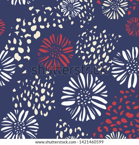 Americana flower fireworks seamless pattern in red,white and blue colors. Great for celebrating patriotic holidays like the 4th of July, home decor items, fashion, textiles, and party decorations.