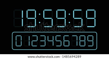 set of blue led digital clock number isolated on black background. electronic figures for counter or calculator mockup interface design.