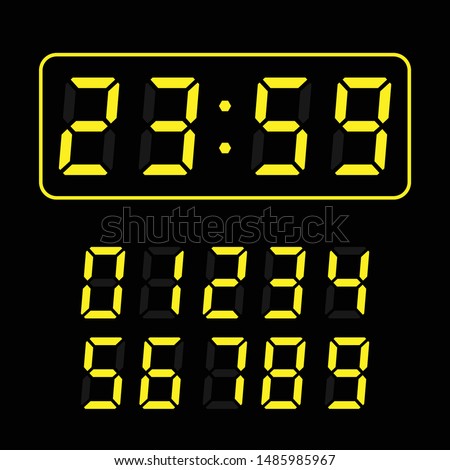 set of yellow led digital clock number isolated on black background. electronic figures for counter or calculator mockup interface design.