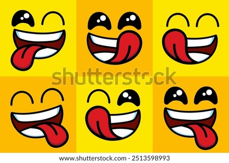 Set of smiling emoji icon. funny yummy face with mouth and tongue gourmet enjoying taste and hungry. delicious, happy yellow character isolated cartoons symbol -vector