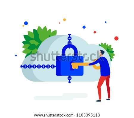 Cloud security. The user opens closes the cloud service lock. Vector illustration. Separate objects.