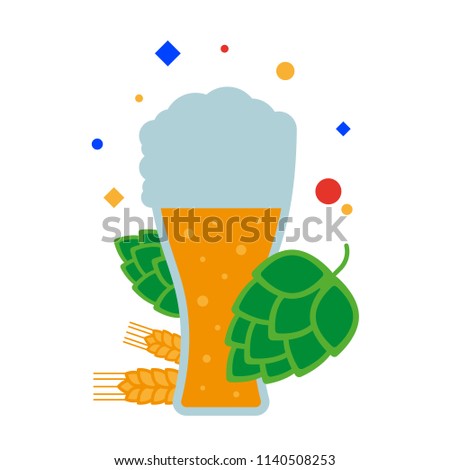 Craft beer. A tall glass of beer with foam, malt and hops. Flat illustration. Separate objects. Isolate. Stock fotó © 