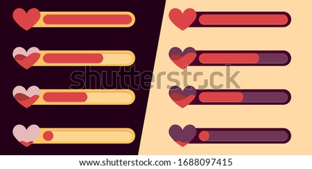 Mobile game UI, GUI. Game interface. Set of status icons of life and health, amass of heart. Interface for game design. Light and dark background, and night and day mode.