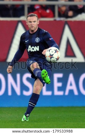 PIRAEUS, GREECE -FEB. 25. Wayne Rooney of Manchester United during the Champions League football  match between Olympiacos FC and Manchester United (2-0) at Karaiskakis Stadium on February 25, 2014