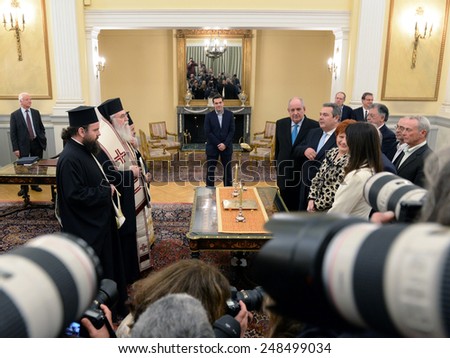 Athens 27 Jan. 2015 Cameras, priests, members of right-wing party called \