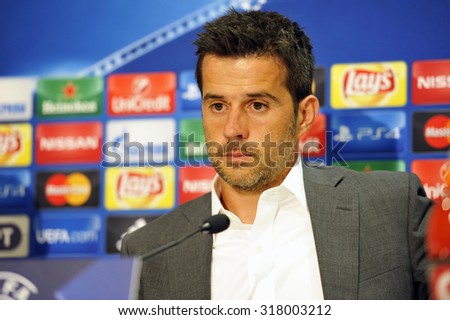 Piraeus,Greece Sept 16, 2015. Olympiacos coach  Marco Silva attends a press conference after a Champions League match between Olympiakos and Bayern Munich.