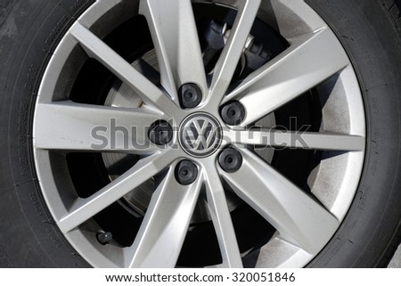 Athens Greece Sept. 23 2015. Close up of Volkswagen logo on wheel,TDI model.