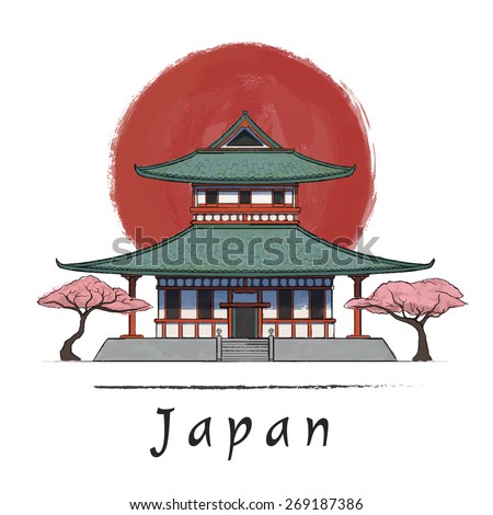 Japanese house and sakura trees. Asian architecture. Watercolor vector illustration. Hand drawn