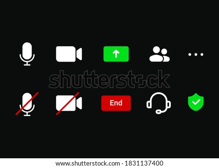 Video conference mobile-app icon set incuding sound-on and mute, microphone, camera on and camera off . Virtual meeting mobile-app icon set.