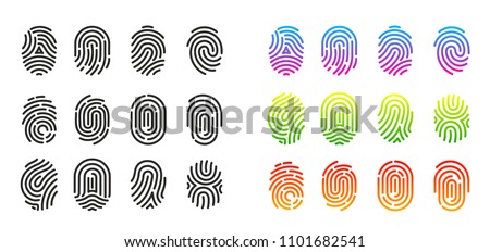 Vector illustration set of black and colorful fingerprint icons. Flat design  isolated on white background. Fingerprint Identification Symbol.