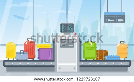 Vector airport police scanner and conveyor belt with passenger luggage bag, suitcase. Luggage carousel and baggage scan in flat style. Terminal hall illustration for travel, holiday, flight concept.