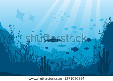 Vector illustration of underwater ocean fauna with coral reef, seaweed, algae, mantas, plants, fishes. Silhouette ocean bottom. Marine underwater life. Sea, seascape, seafloor, undersea background.