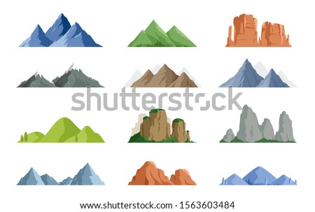 Vector set of isolated snowy mountains, mountain peak, hill top, iceberg, nature landscape. Camping landscape and hiking illustration. Outdoor travel,  adventure, tourism, climbing design elements