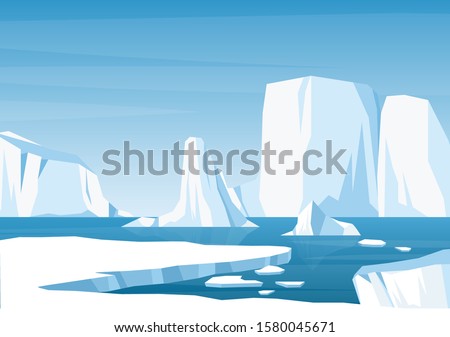Vector cartoon Arctic ice landscape with iceberg, sea, hills and snow mountains. Greenland, Arctic or Antarctic illustration in flat style. Global warming concept. Glacier arctic landscape. Game style