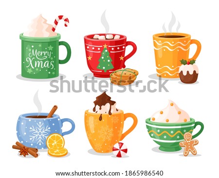 Hot Christmas winter drinks. Cups with coffee, tea with cinnamon, hot chocolate with whipped cream and candy cane, cocoa with marshmallow, mulled wine. Mugs for Xmas, New year or winter holidays