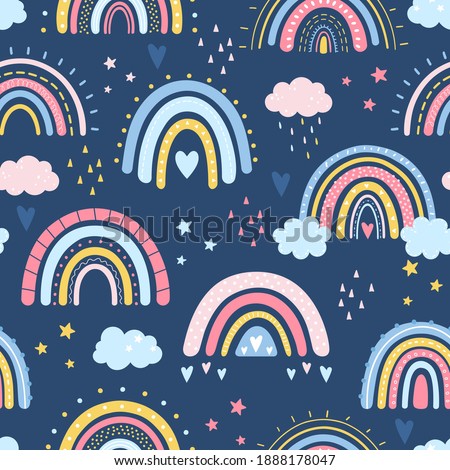Rainbow seamless pattern. Vector hand drawn rainbow in cartoon Scandinavian style for kids wrapping paper, textile, wallpaper, prints, fabric. Rainbow set with clouds, stars, sunshine, drops, heart.