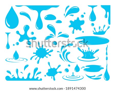 Water or oil drops. Vector icon set of сurrent drops, waves, tears, spray, nature splashes isolated on white background. Dripping liquid. Water spill. Aqua drop element. Raindrop and sweat drops.