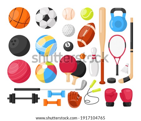 Sport equipment. Vector icons set of sport inventory with balls for volleyball, baseball, football game and tennis, golf ball, billiard, racket, bowling. Fitness  gym tools. Team game