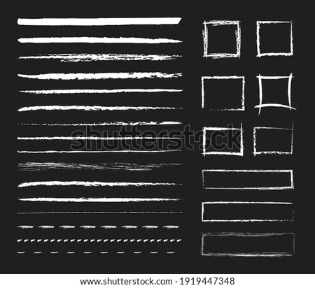 Chalk graphic elements. Vector set of chalk brushes, grunge lines, strokes, square frame, rectangle. Hand drawn elements on school blackboard. Borders with a rough chalk texture. Horizontal  lines Foto d'archivio © 