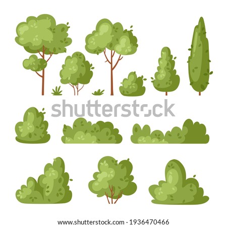 Garden green bush. Vector set of vegetation bushes, grass and trees. Cartoon icon for decorate landscape park, backyard, forest. Spring or summer plant, trees, hedges, shrub with branches and leaves