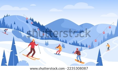 Winter mountain landscape. Vector illustration of ski resort with snowy hill, funicular, ski lift, skier, snowboard riders. Outdoor holiday activity in Alps. Winter sport. Skiing and snowboarding